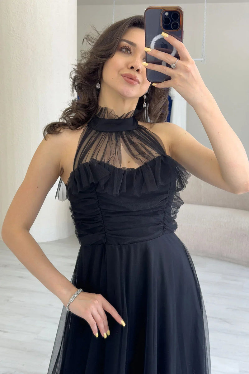 Women's Black Draped Sleevesuz Tulle Evening Gown