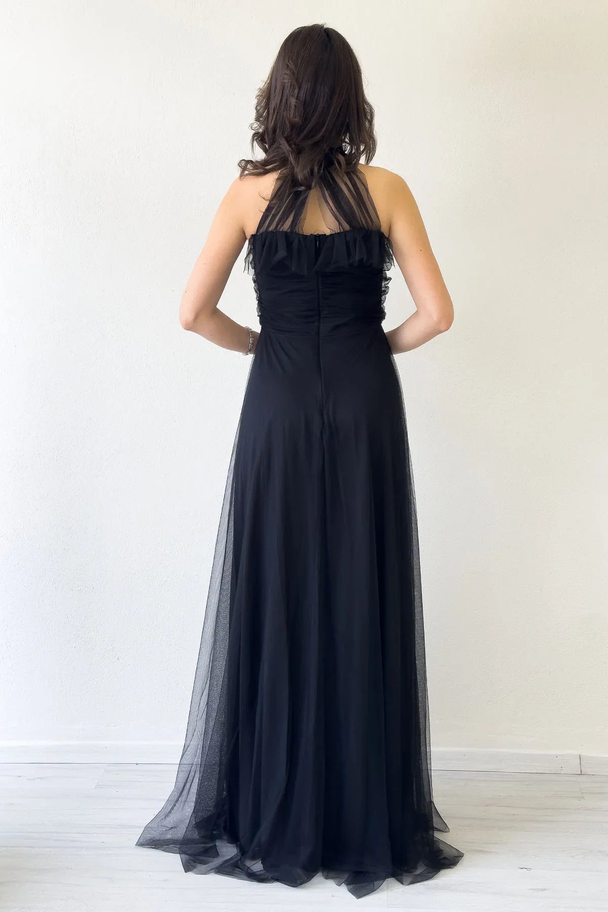 Women's Black Draped Sleevesuz Tulle Evening Gown