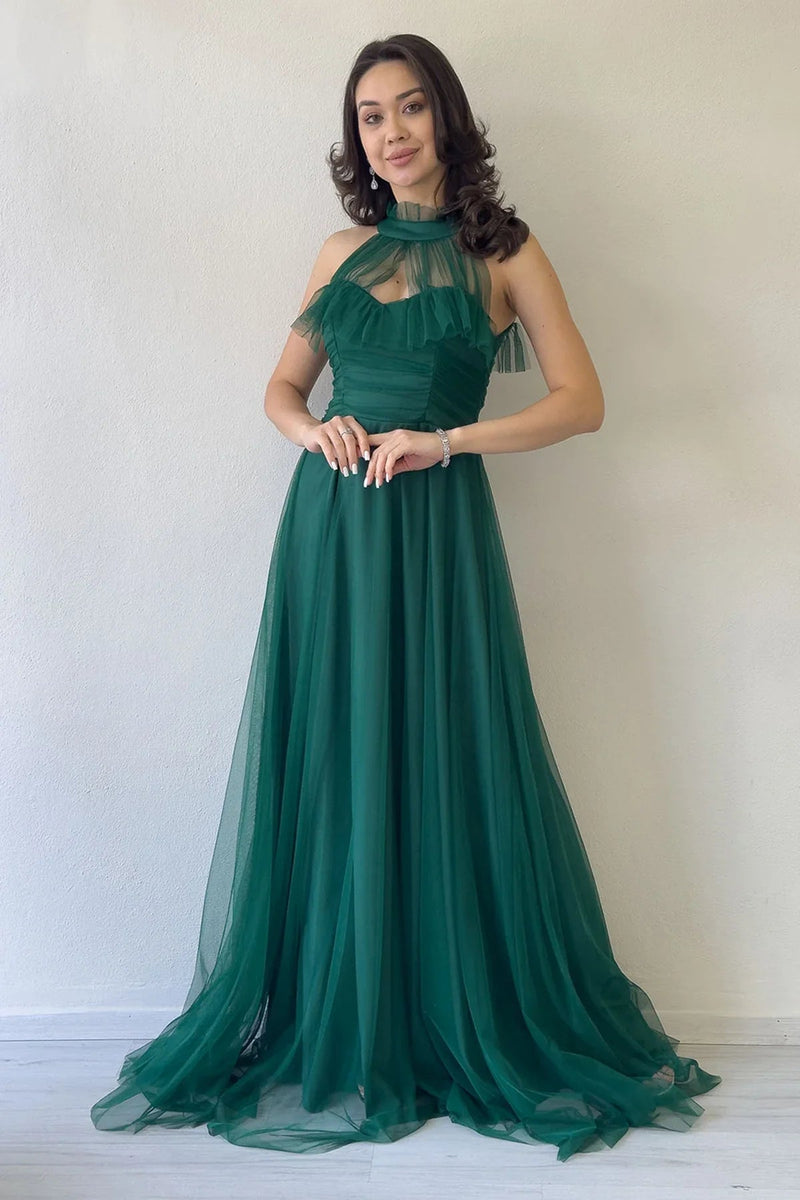 Women's Emerald Green Draped Sleevesuz Tulle Evening Gown