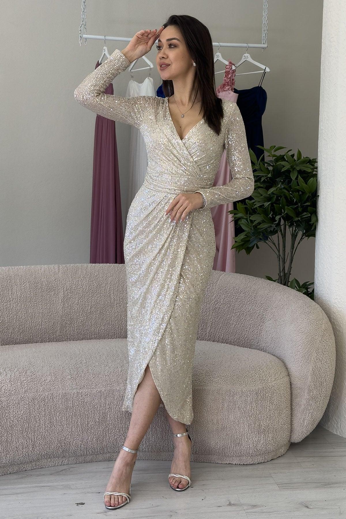 Women's Beige Wrap Neck Sequin Tasarım Long Sleevelu Evening Gown