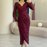 Burgundy Sequin Midi Lenght Evening Dress