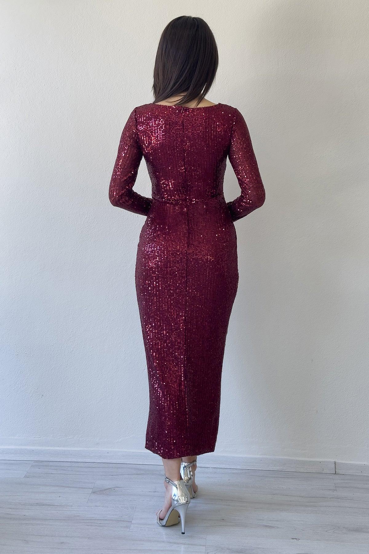 Women's Burgundy Wrap Neck Sequin Tasarım Long Sleevelu Evening Gown