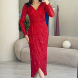 Red Sequin Midi Lenght Evening Dress