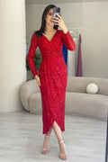 Red Sequin Midi Lenght Evening Dress