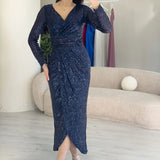 Navy Blue Sequin Midi Lenght Evening Dress