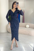 Navy Blue Sequin Midi Lenght Evening Dress