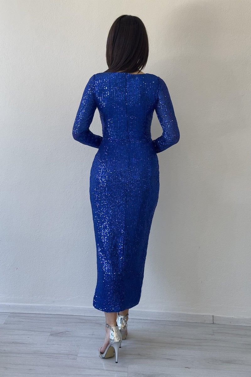 Women's Saxe Wrap Neck Sequin Tasarım Long Sleevelu Evening Gown