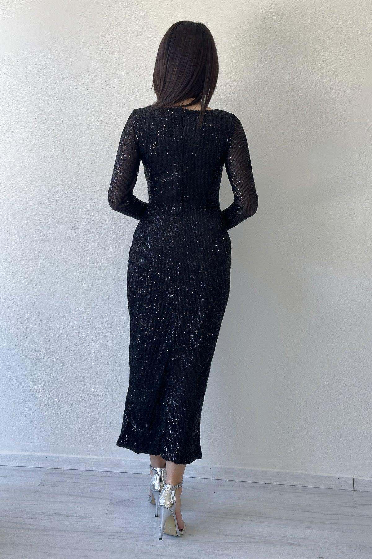 Women's Black Wrap Neck Sequin Tasarım Long Sleevelu Evening Gown