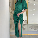 Green Satin Short-Sleeve Evening Dress