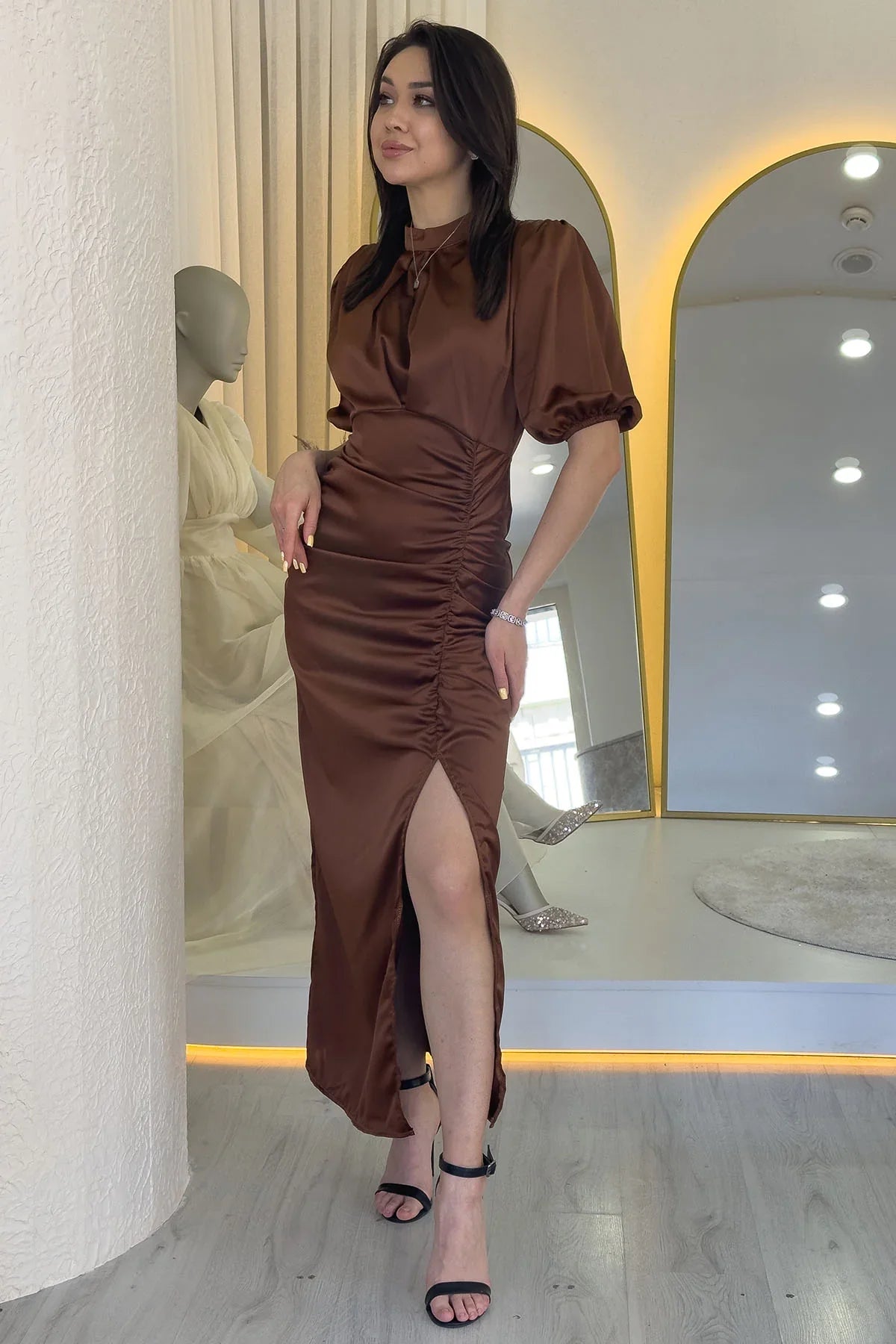 Women's Satin Balloon Sleeve Draped Yırtmaç Detail Evening Gown-Tan