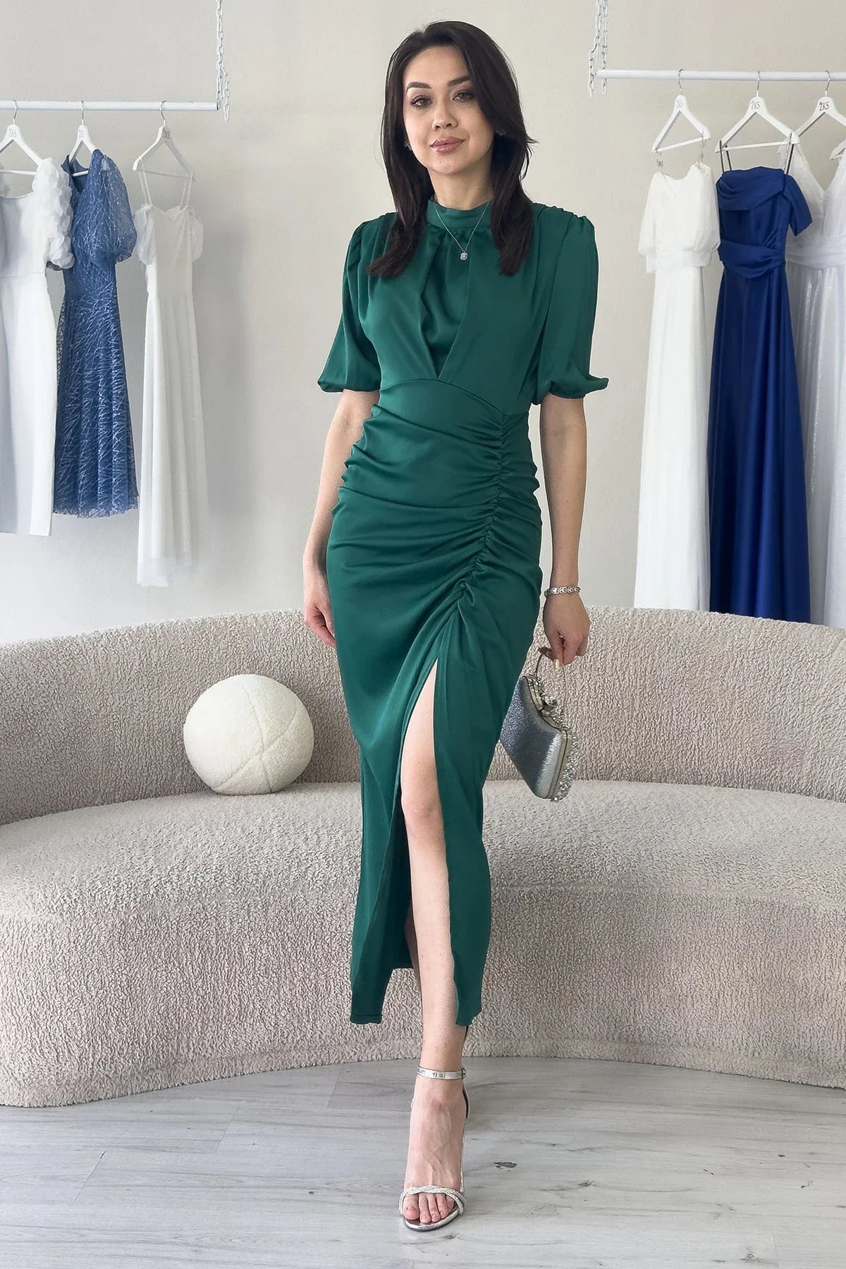 Women's Satin Balloon Sleeve Draped Yırtmaç Detail Evening Gown-Emerald Green