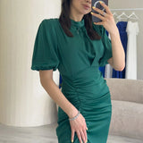 Emerald Green Satin Short-Sleeve Evening Dress