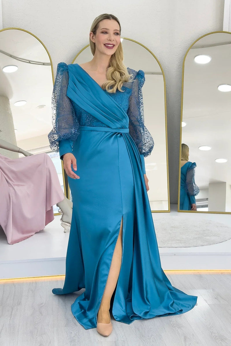 Women's Wrap Neck Turquoise Draped Glitter Sleeve Satin Evening Gown