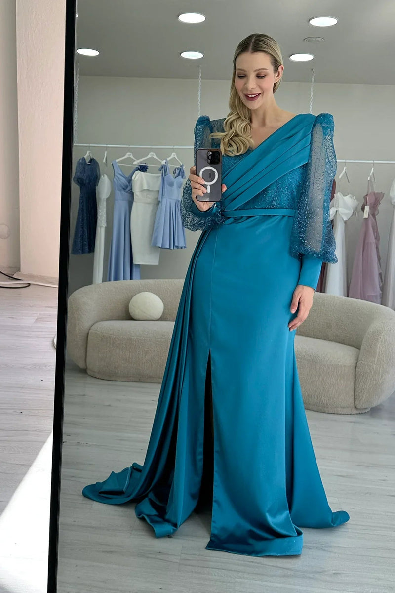 Women's Wrap Neck Turquoise Draped Glitter Sleeve Satin Evening Gown