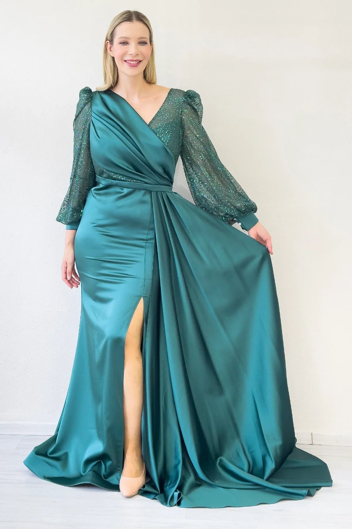 Women's Wrap Neck Emerald Green Draped Glitter Sleeve Satin Evening Gown