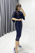 Navy Blue Midi Sequin Evening Dress