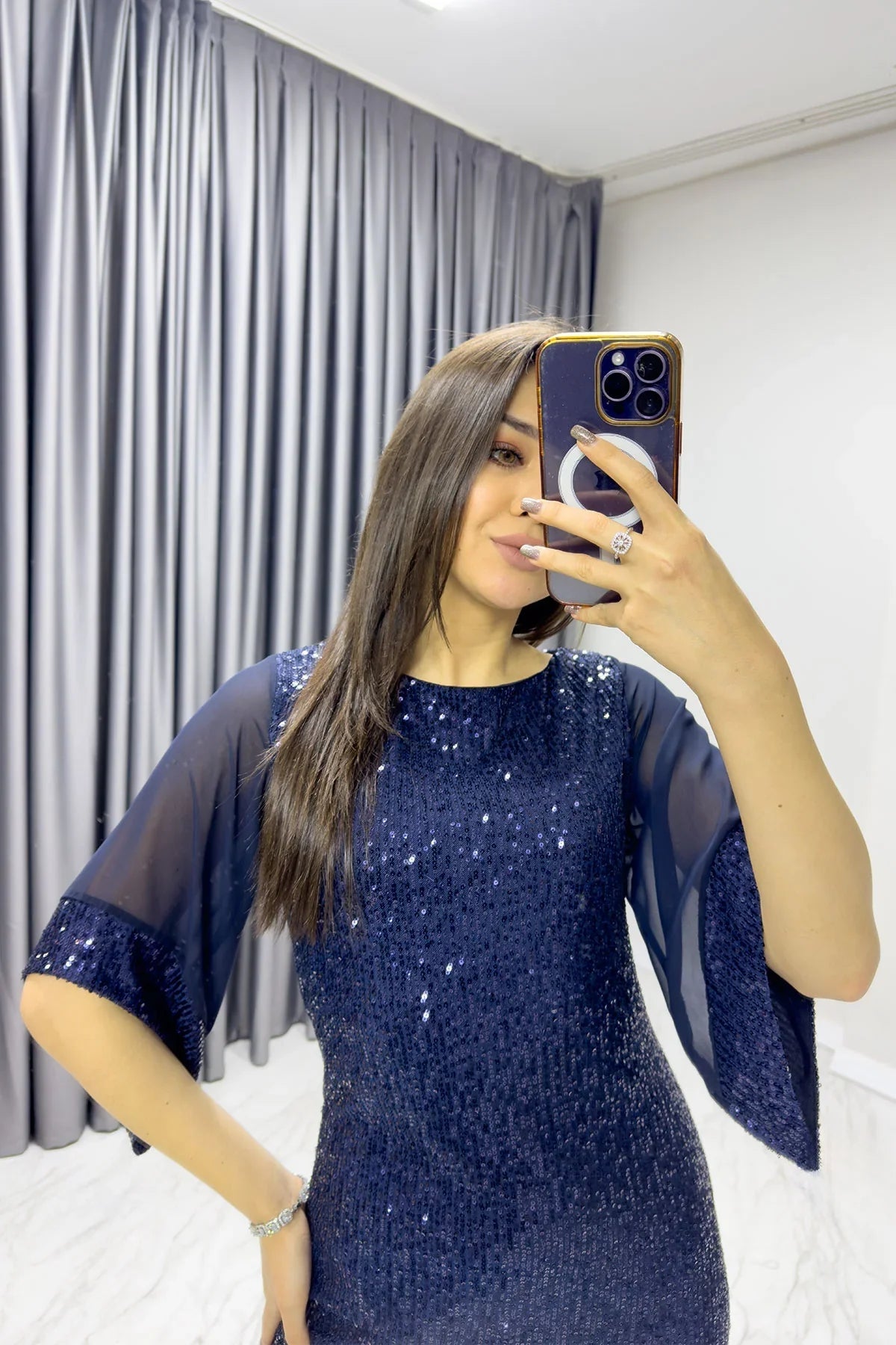 Women's Navy Blue Midi Pulpayet Chiffon Tasarım Half Sleeve Plus Size Evening Gown