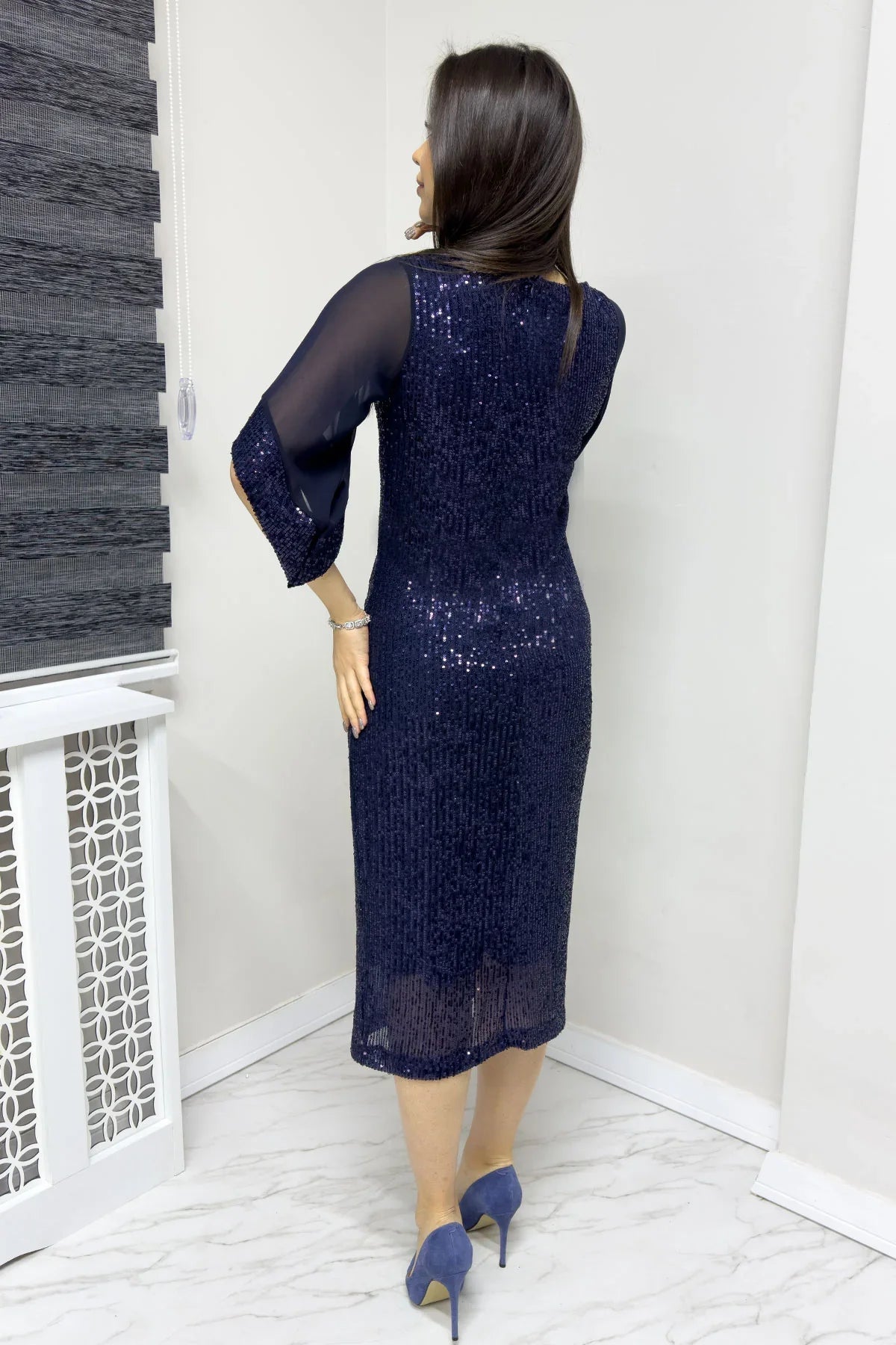 Women's Navy Blue Midi Pulpayet Chiffon Tasarım Half Sleeve Plus Size Evening Gown