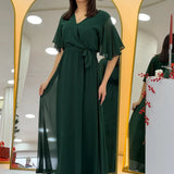 Emerald Green Short-Sleeve Chiffon Midi Dress