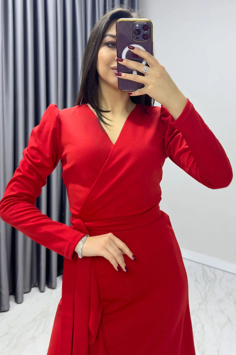 Women's Red Crepe Ruffled Wrap Plus Size Dress