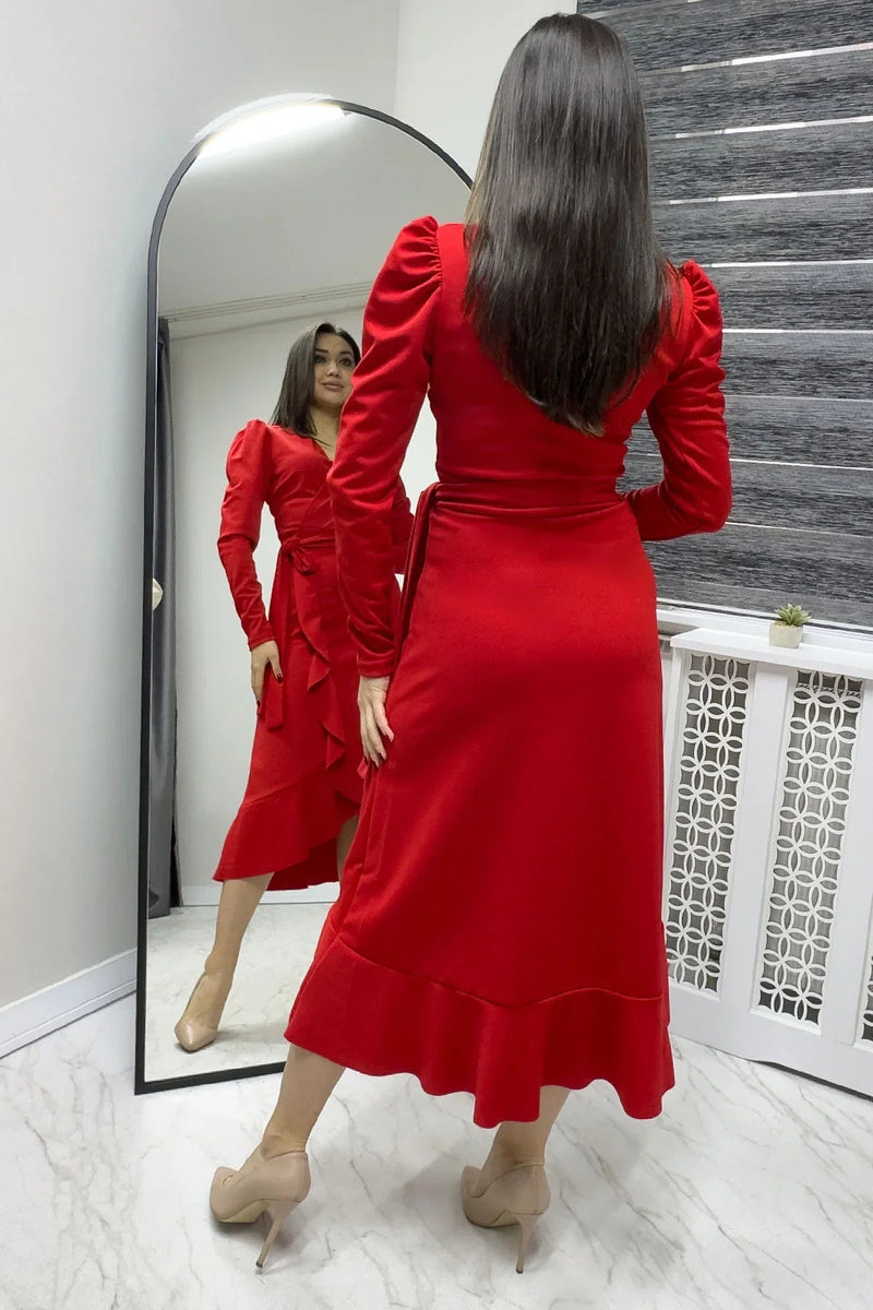 Women's Red Crepe Ruffled Wrap Plus Size Dress