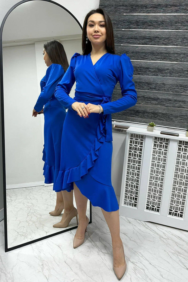 Women's Saxe Crepe Ruffled Wrap Plus Size Dress