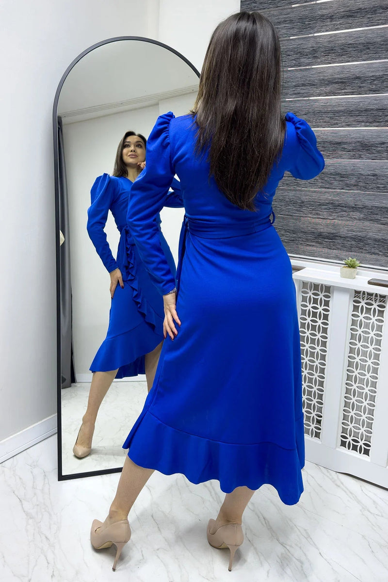 Women's Saxe Crepe Ruffled Wrap Plus Size Dress