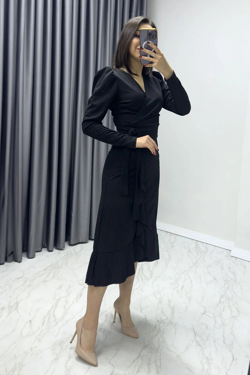 Women's Black Crepe Ruffled Wrap Plus Size Dress