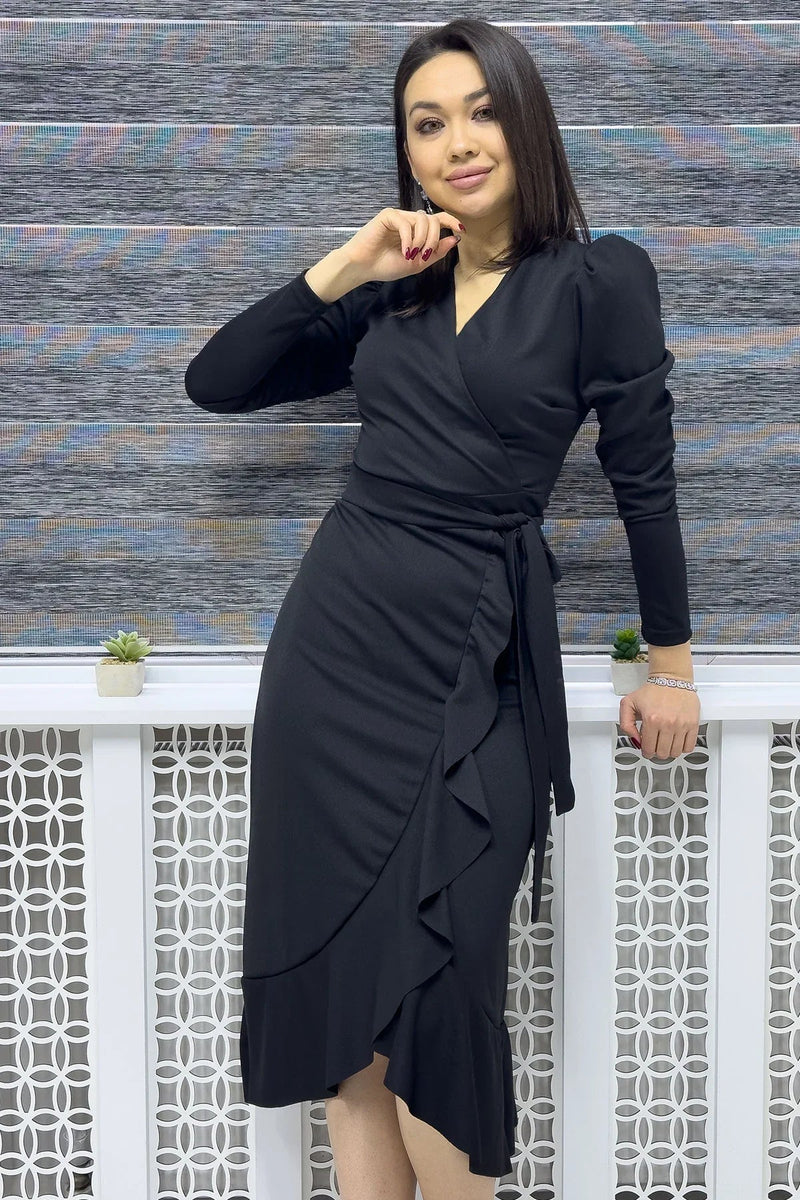 Women's Black Crepe Ruffled Wrap Plus Size Dress