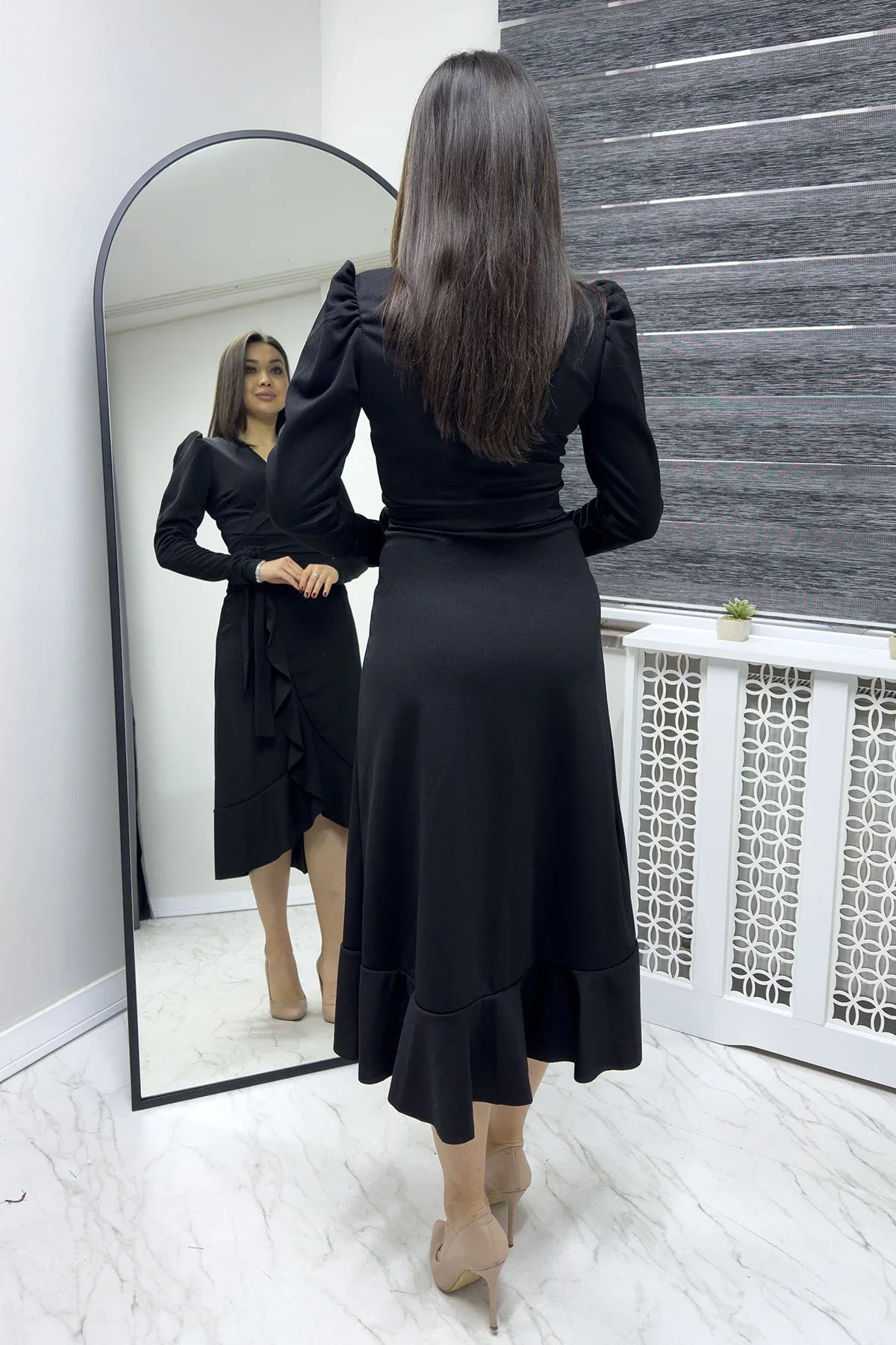 Women's Black Crepe Ruffled Wrap Plus Size Dress