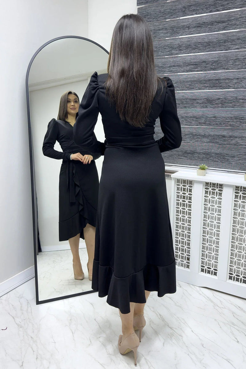 Women's Black Crepe Ruffled Wrap Plus Size Dress