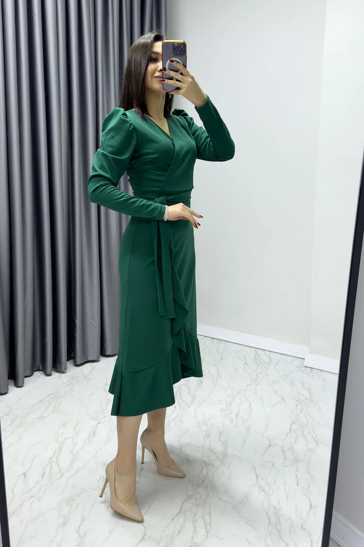 Women's Emerald Green Crepe Ruffled Wrap Plus Size Dress