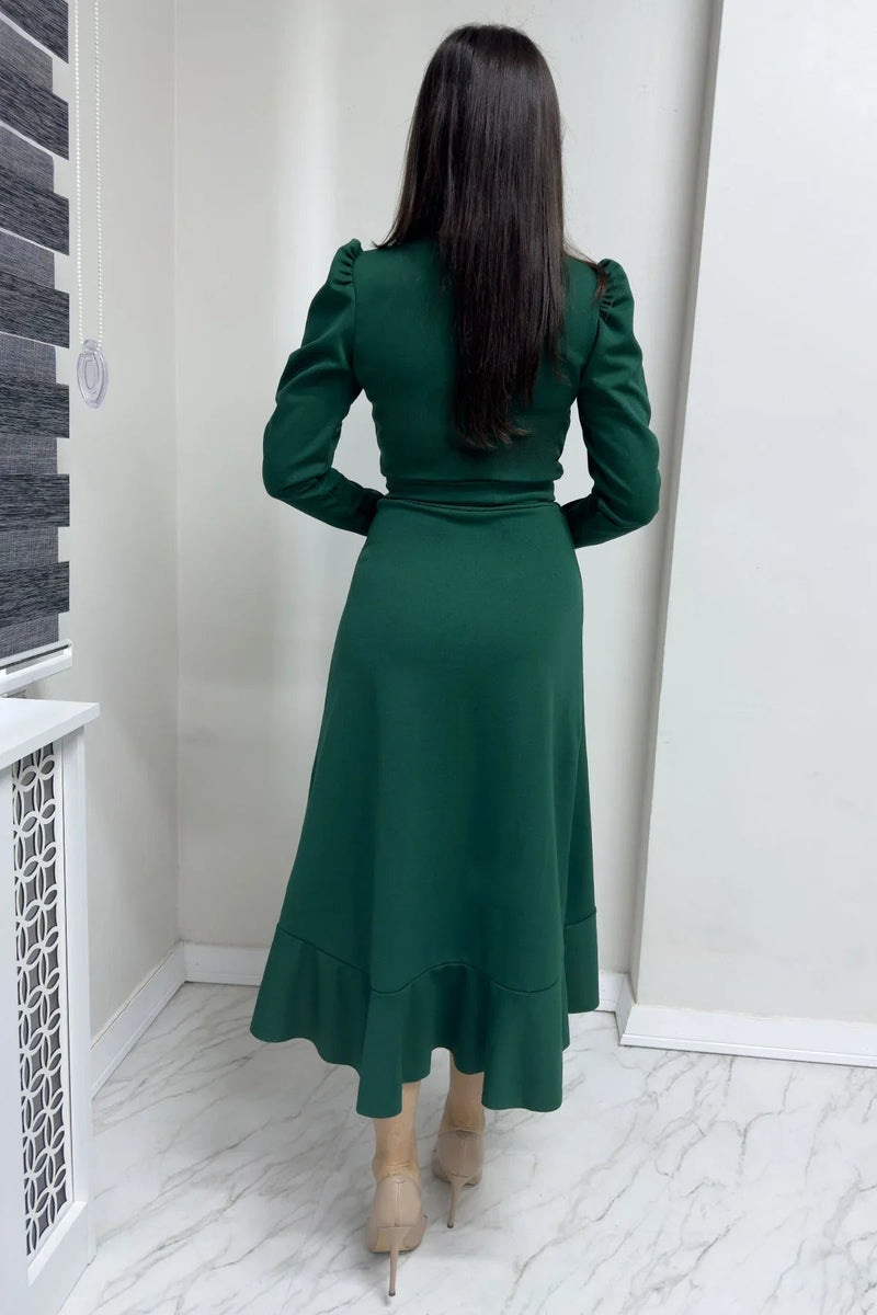 Women's Emerald Green Crepe Ruffled Wrap Plus Size Dress