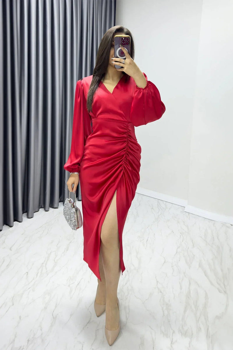 Women's Red Satin Wrap Draped Yırtmaç Detail Balloon Sleeve Plus Size Dress
