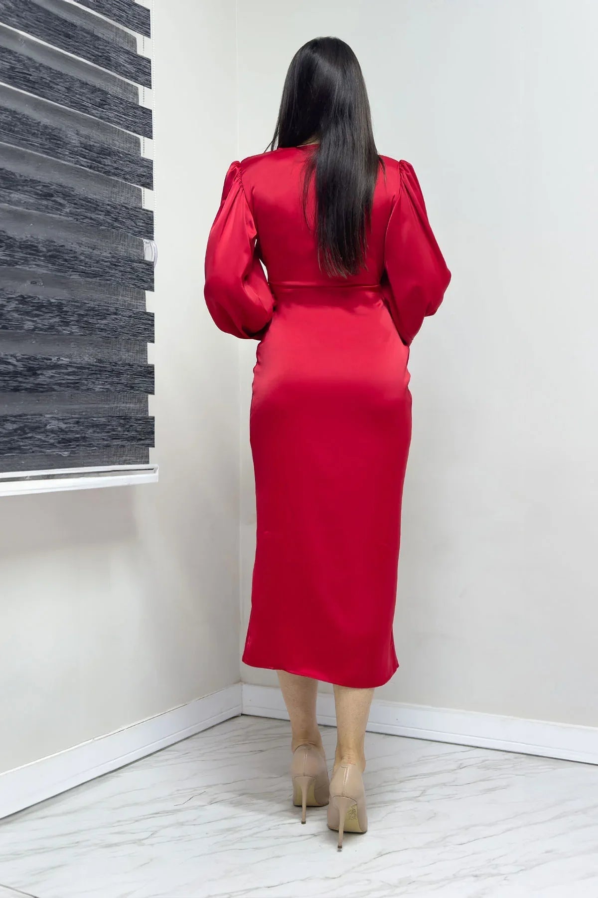 Women's Red Satin Wrap Draped Yırtmaç Detail Balloon Sleeve Plus Size Dress