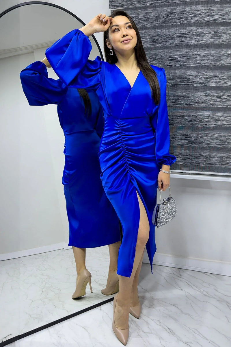 Women's Saxe Satin Wrap Draped Yırtmaç Detail Balloon Sleeve Plus Size Dress