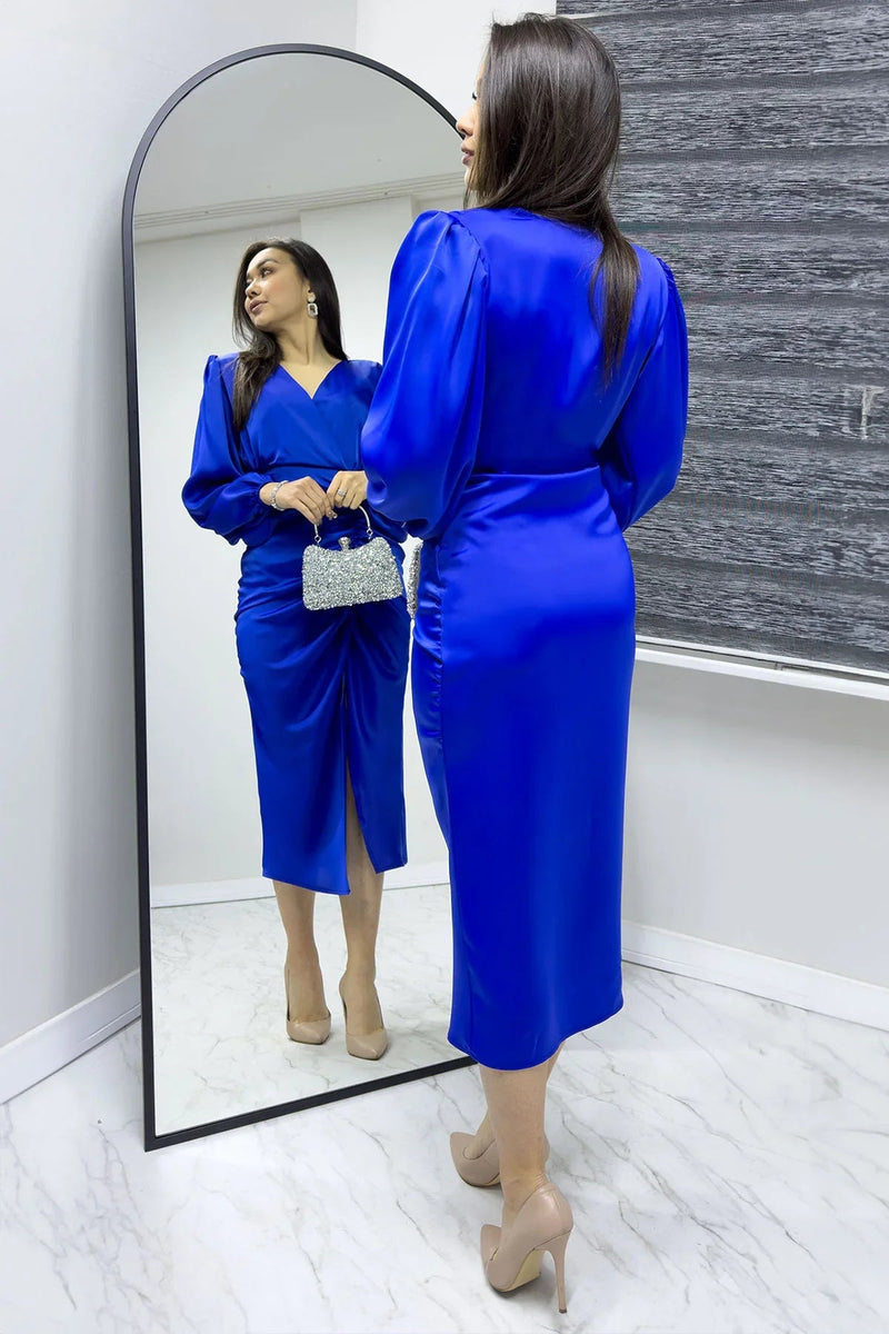 Women's Saxe Satin Wrap Draped Yırtmaç Detail Balloon Sleeve Plus Size Dress