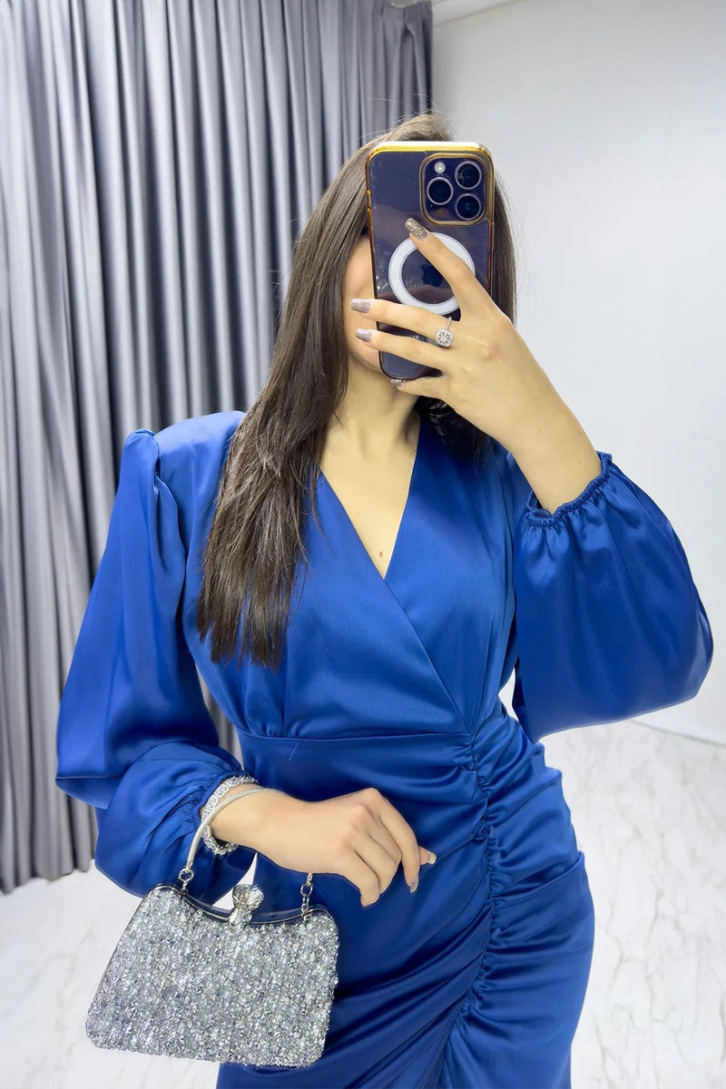 Women's Indigo Wrap Satin Draped Yırtmaç Detail Balloon Sleeve Plus Size Dress