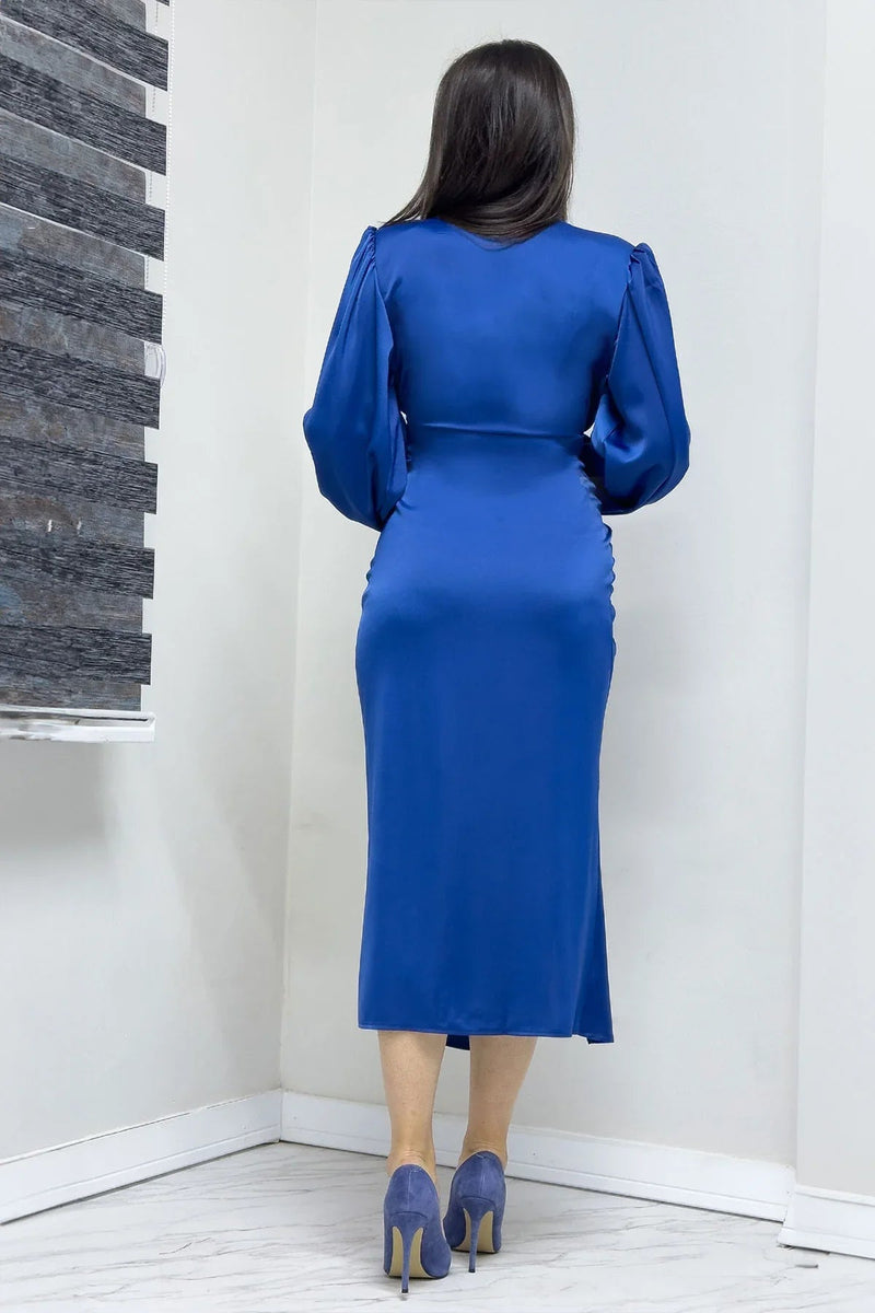 Women's Indigo Wrap Satin Draped Yırtmaç Detail Balloon Sleeve Plus Size Dress