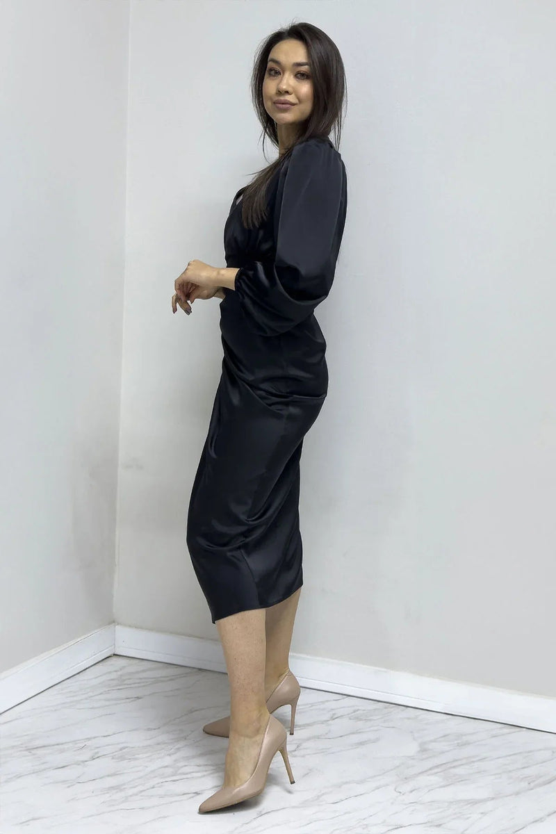 Women's Black Satin Wrap Draped Yırtmaç Detail Balloon Sleeve Plus Size Dress
