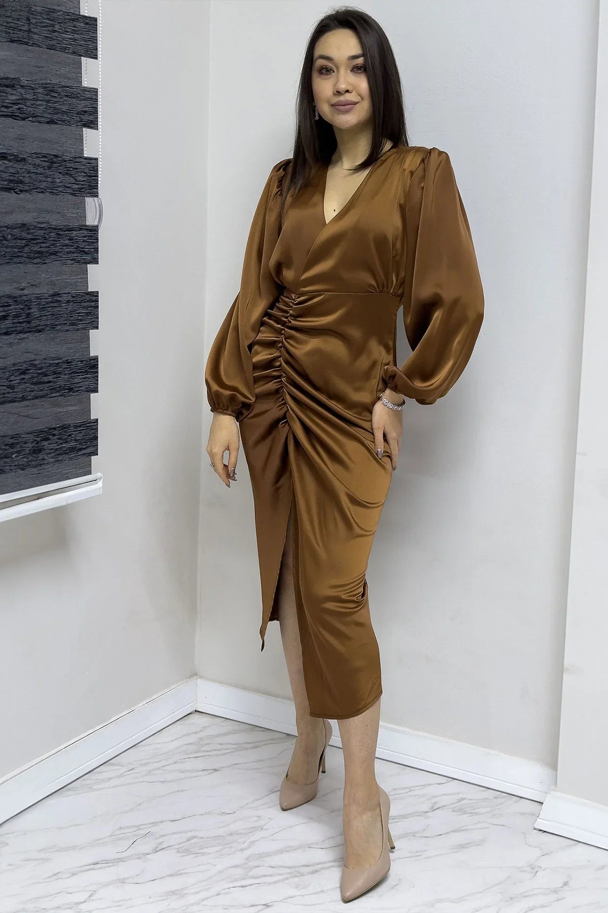 Women's Tan Satin Wrap Draped Yırtmaç Detail Balloon Sleeve Plus Size Dress