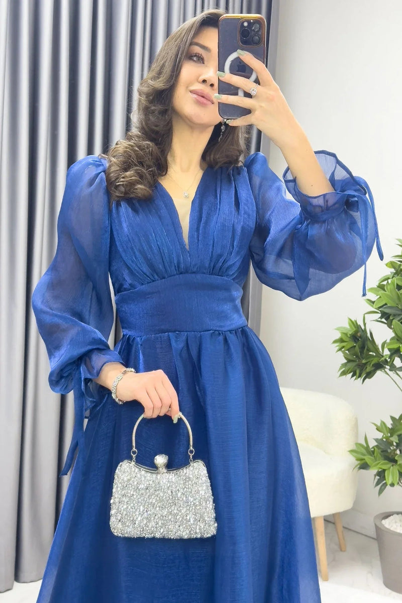 Women's Asymmetric Skirt Petrol Blue Karpuz Sleeve Prenses V-Neck Evening Gown - the ZKS