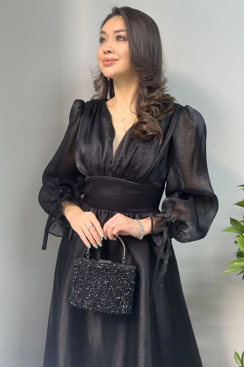 Women's Asymmetric Skirt Black Karpuz Sleeve Prenses V-Neck Evening Gown - the ZKS