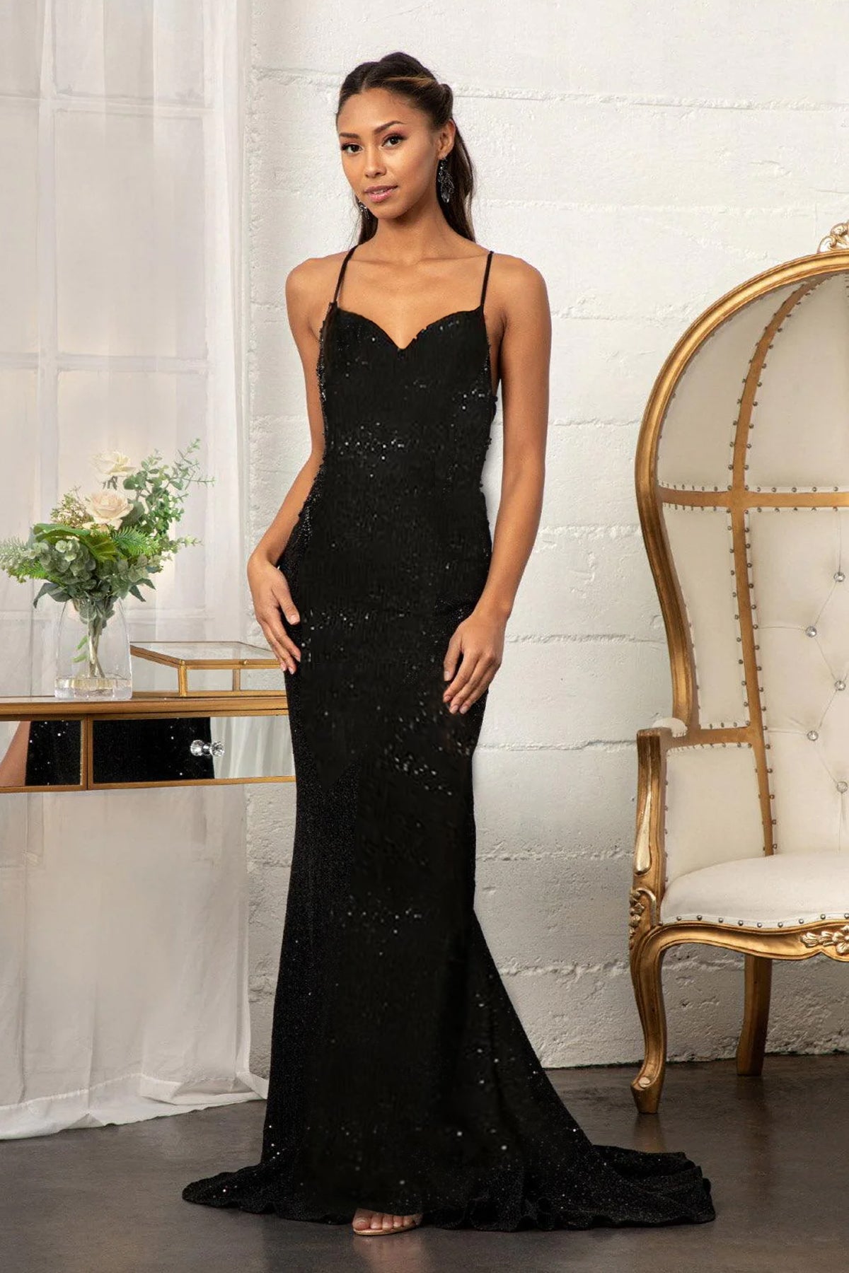 Women's Black Mermaid Model Pul payet İnce Strap Sırt Detail Evening Gown