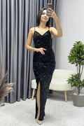 Black Thin-Strapped Sequined Evening Dress