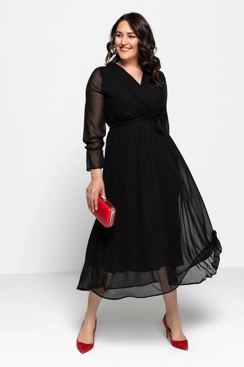 Women's Black Wrap Neck Chiffon Plus Size Dress