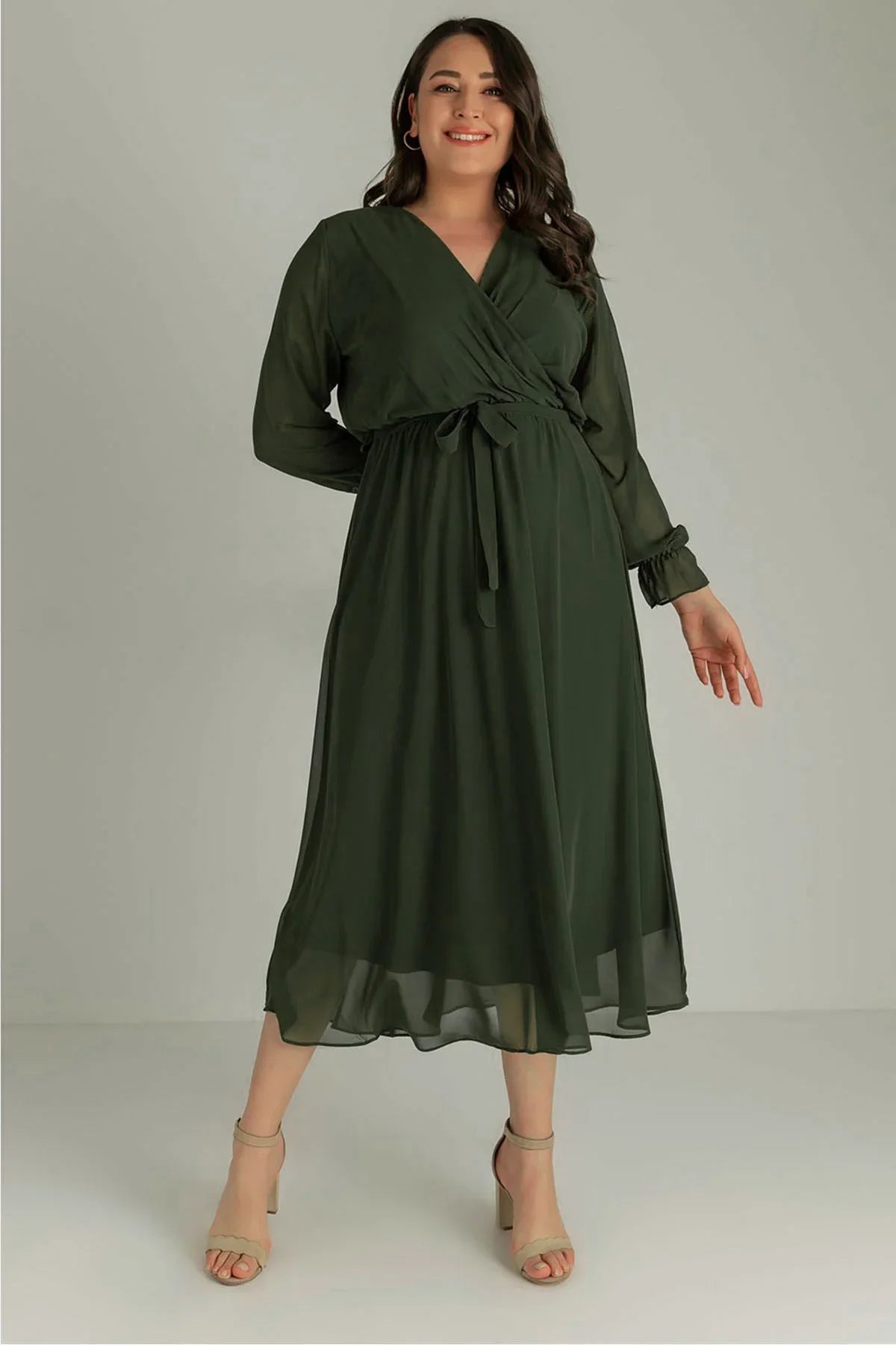 Women's Khaki Wrap Neck Chiffon Plus Size Dress