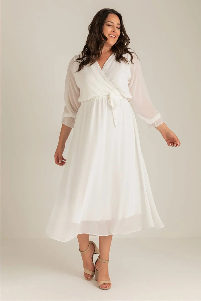 Women's White Wrap Neck Chiffon Plus Size Dress