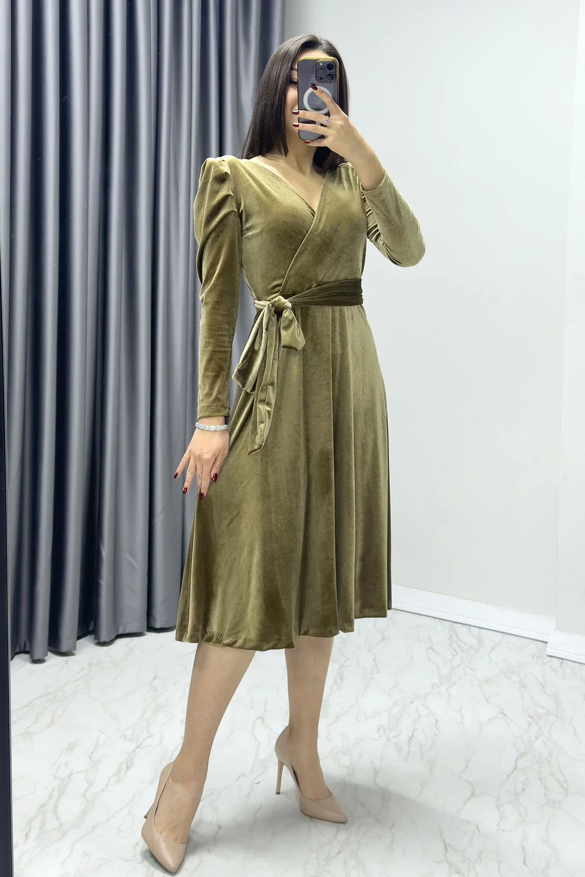 Women's Bal Köpüğü Karpuz Sleeve Wrap Velvet Belted Plus Size Dress