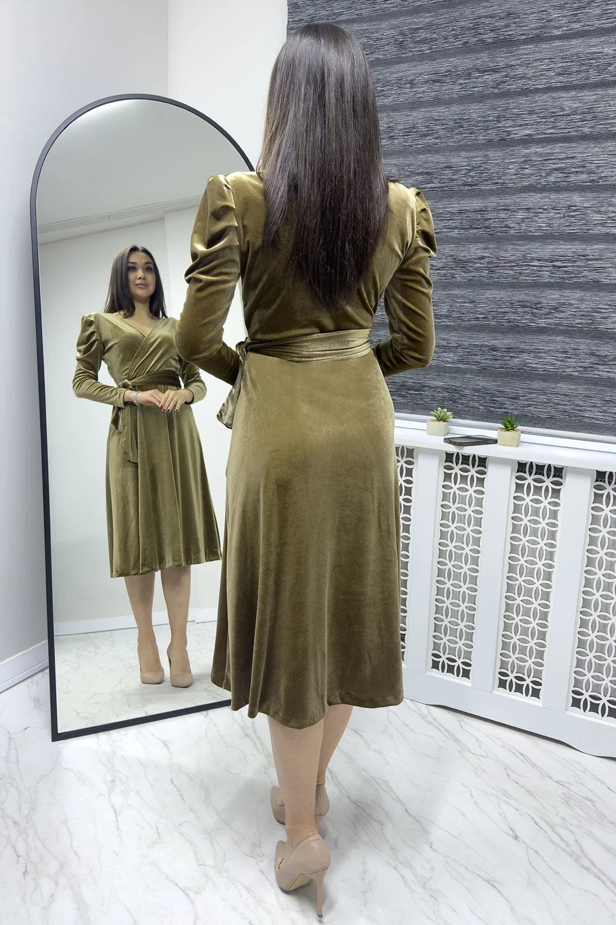 Women's Bal Köpüğü Karpuz Sleeve Wrap Velvet Belted Plus Size Dress